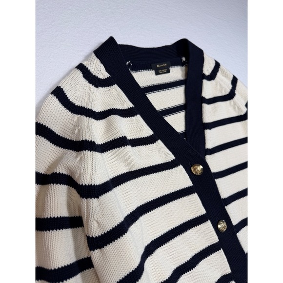 Massimo Dutti Striped Navy Cream Cotton gold Button Cardigan Sweater Women Sz SM